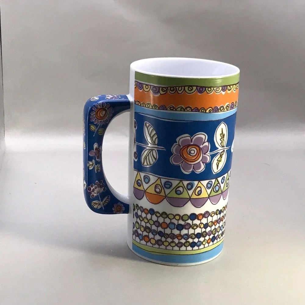 Rare Pier 1 Porcelain‎ Mug Colorful Floral Blue Orange Purple Green 6